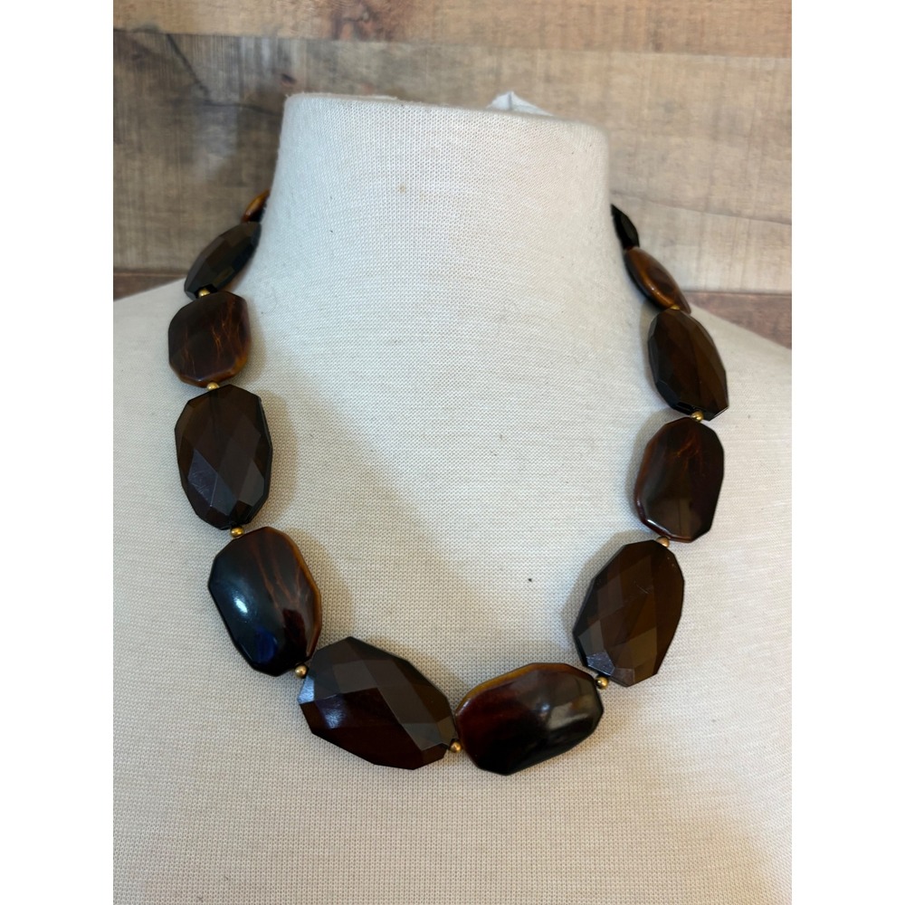 Chunky Faux Tortoise Shell Faceted Resin Statement Necklace Brown Gold Tone